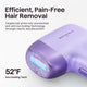 Purple hair removal device with text about efficient, pain-free hair removal and ice cooling technology on a white background.