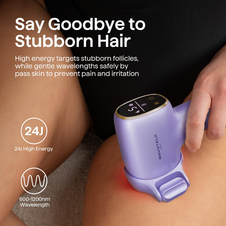 Purple hair removal device being used on skin with text about high energy and wavelength.