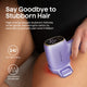 Purple hair removal device being used on skin with text about high energy and wavelength.