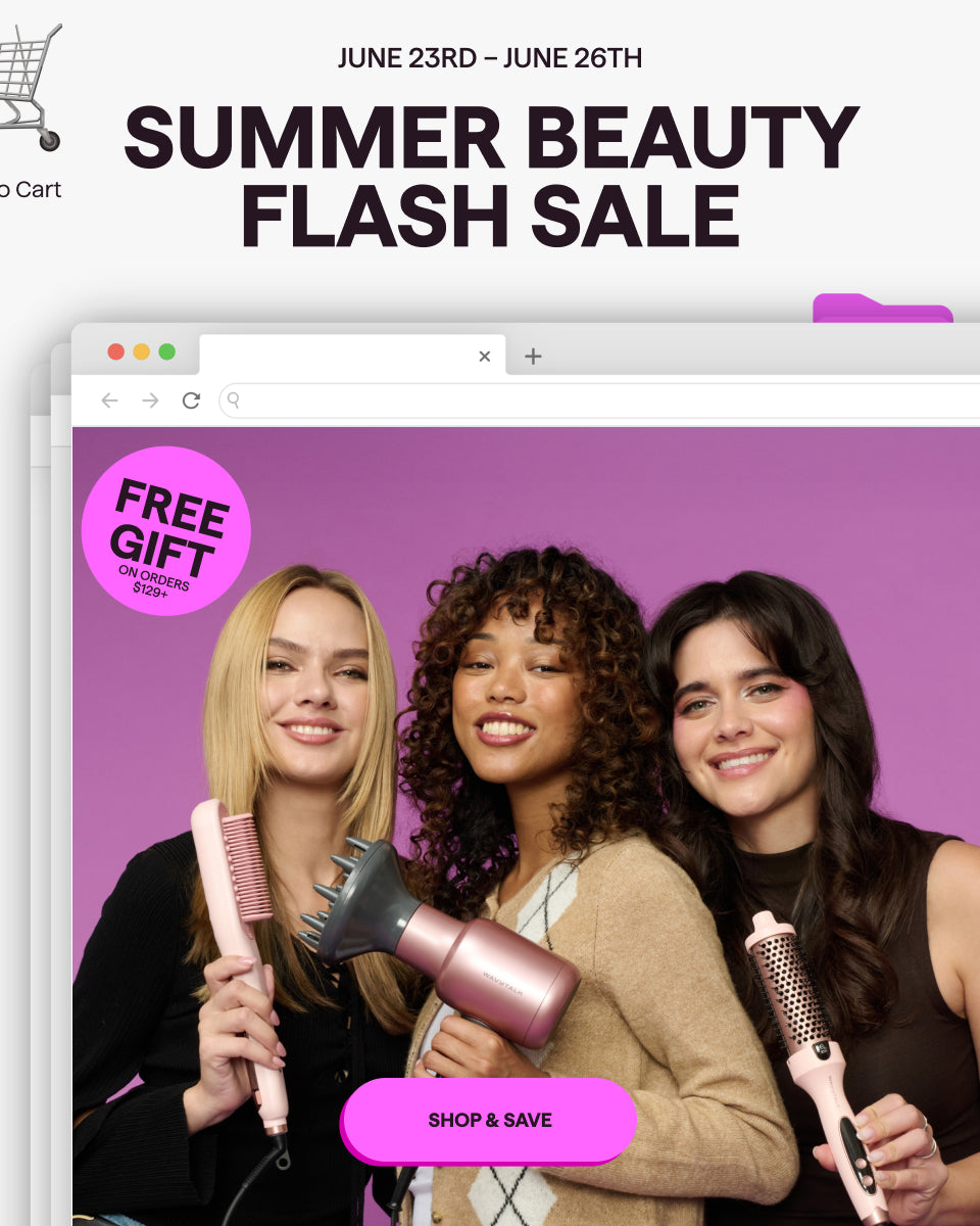 Promotional graphic for a summer beauty flash sale with three women holding beauty tools.