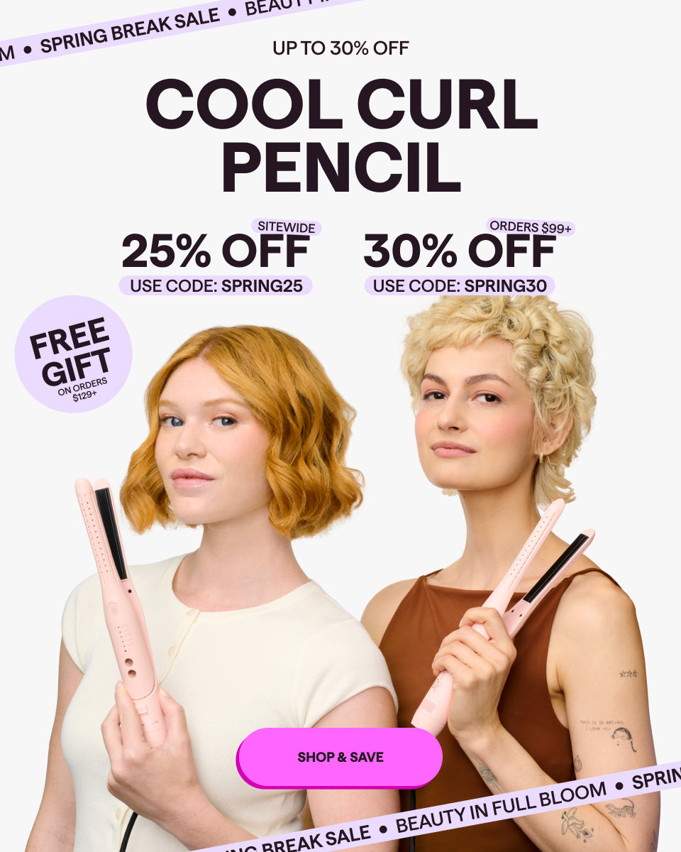 Advertisement for a cool curl pencil with two models holding the product and promotional text on a white background.