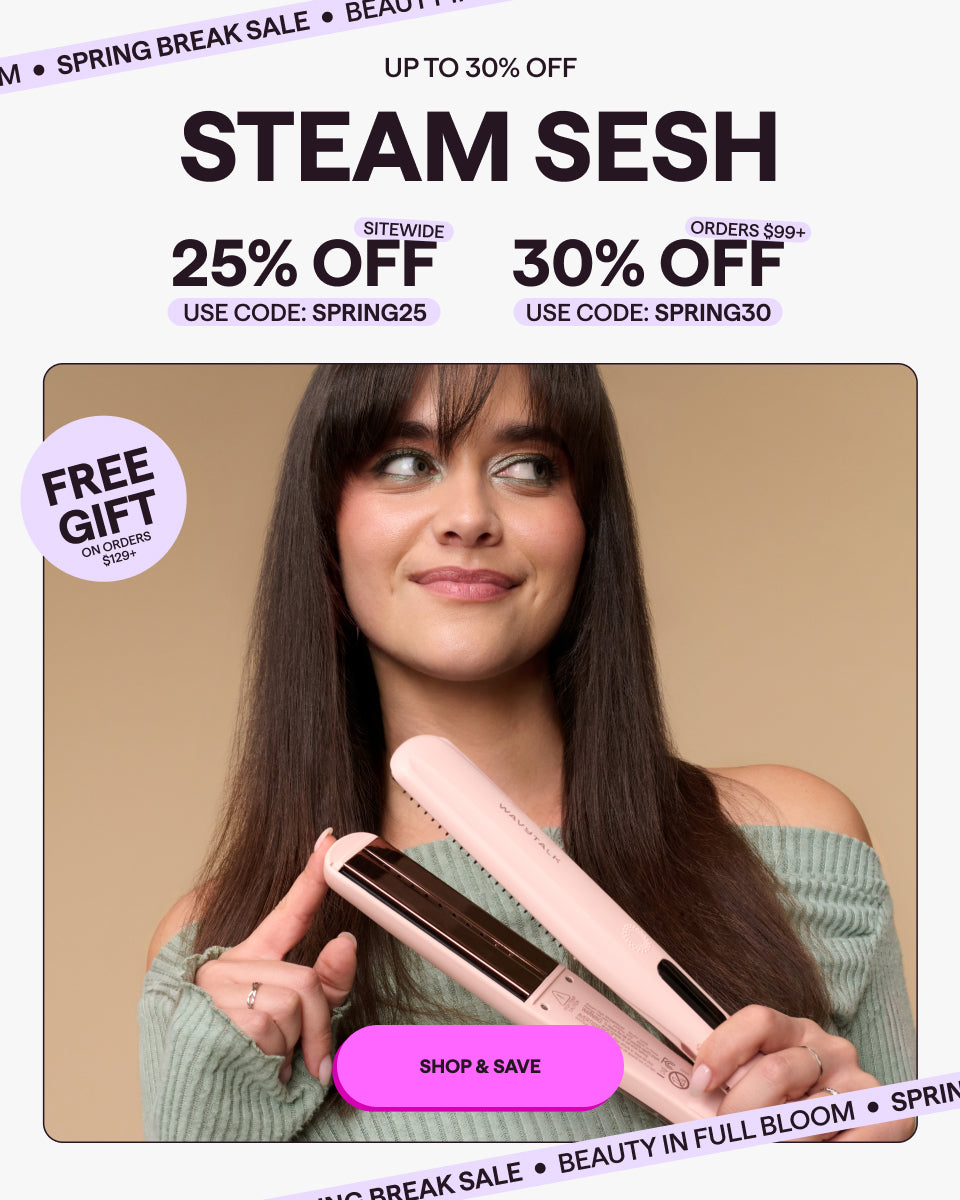 Woman using a hair straightener with promotional text for a sale on a white background
