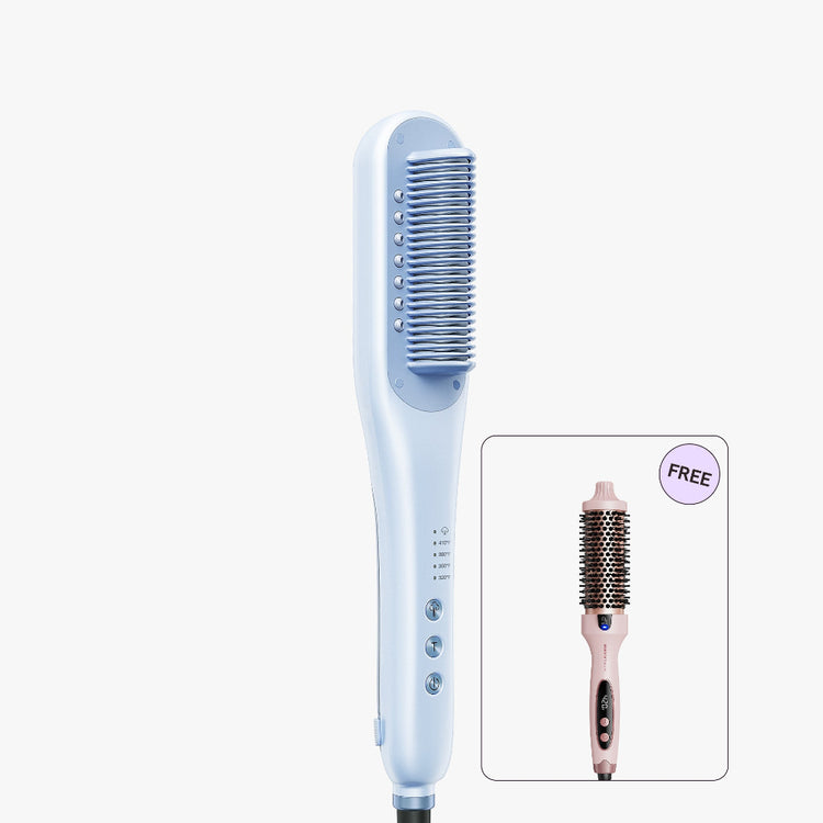 Blue hair straightening brush with a smaller inset of a pink brush on a white background