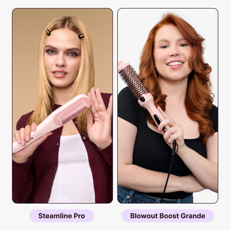 The two women are holding a Blowout Boost Grande and a Steamline Pro respectively, against different background colors.
