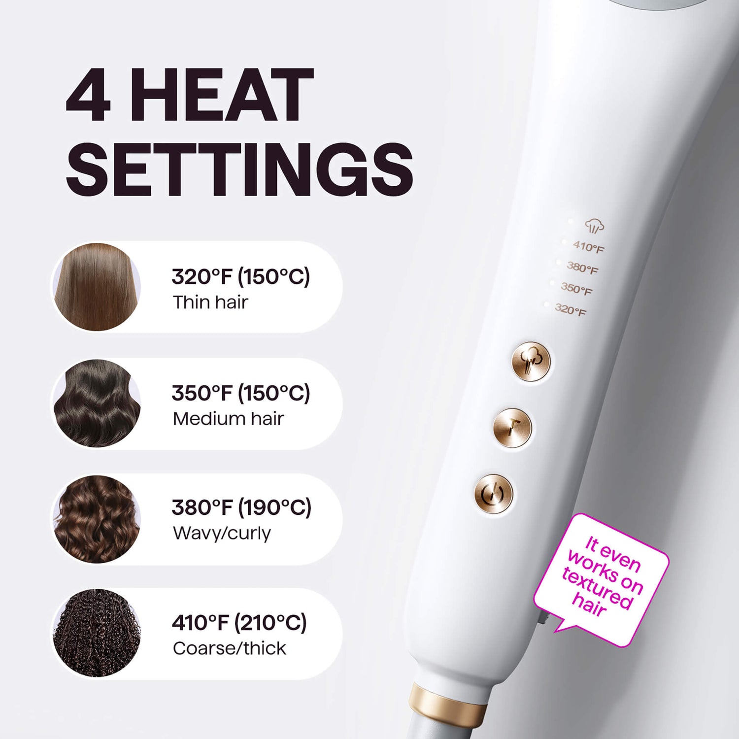 Hair straightener with heat settings for different hair types on a white background