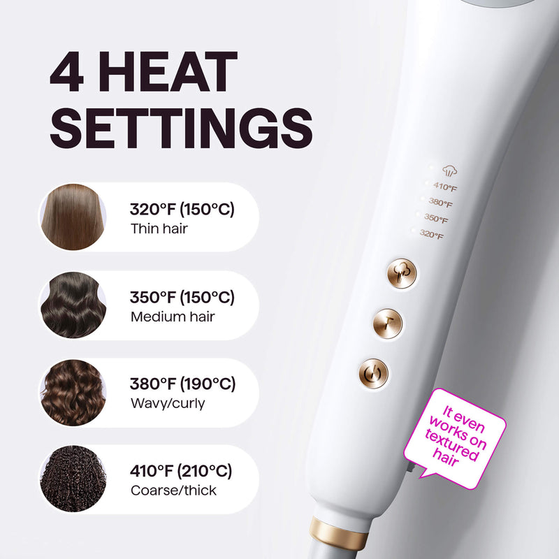 Hair straightener with heat settings for different hair types on a white background