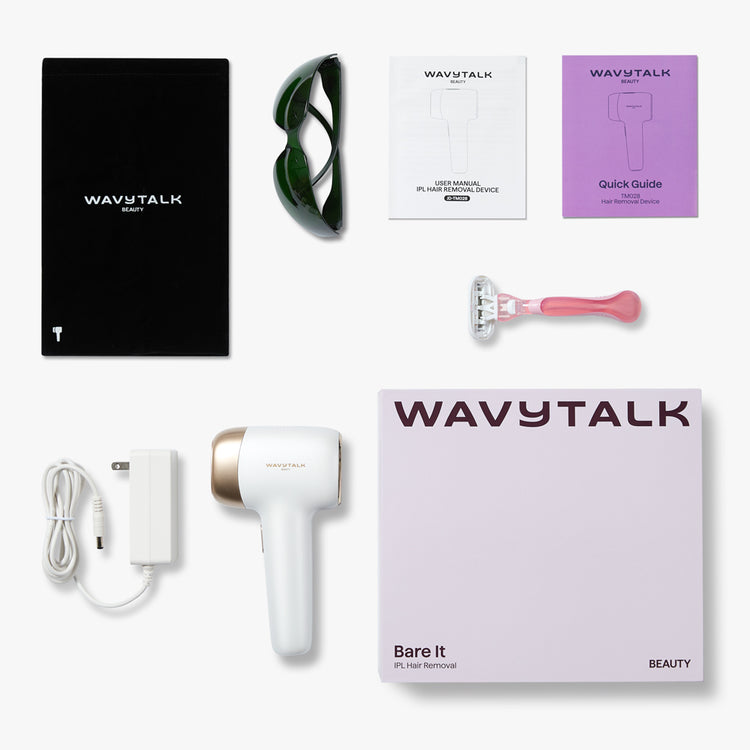 WavyTalk Bare it IPL Hair Removal with packaging, manual, and accessories on a white background