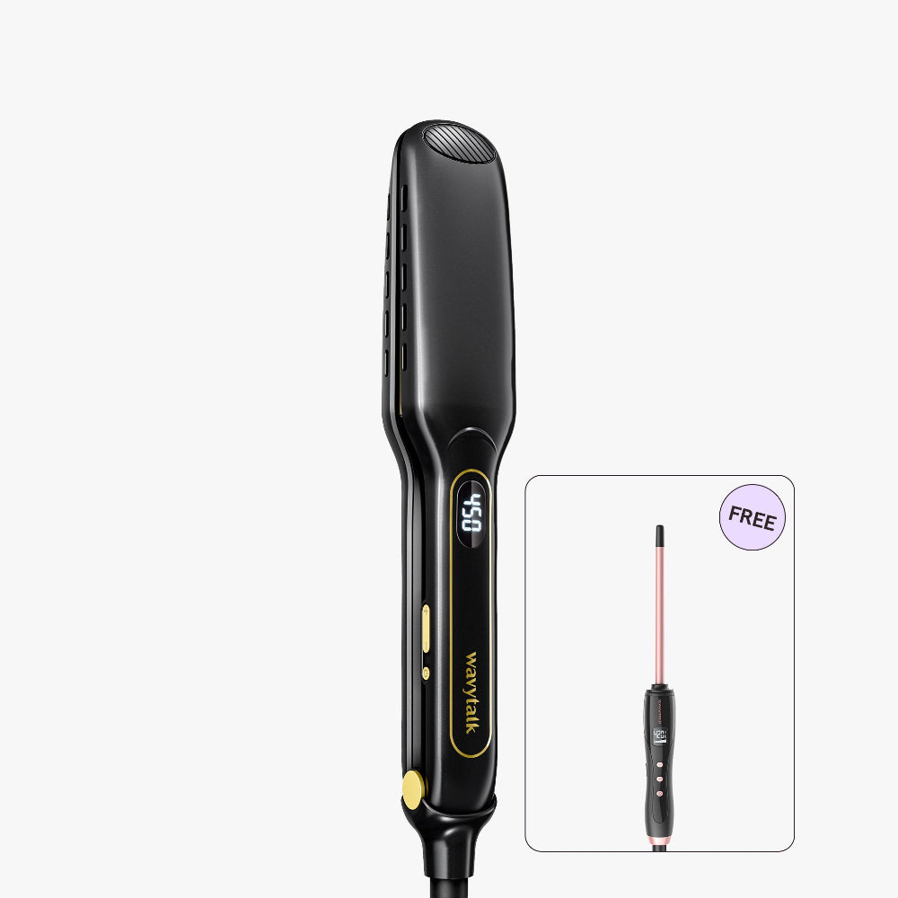 Black hair straightener with digital display on a white background