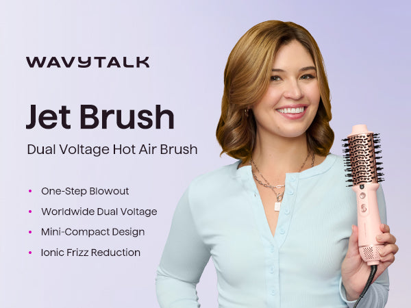 Woman holding a Wavytalk Jet Brush with product features listed on a light purple background