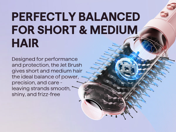 Jet brush with text about its use for short and medium hair on a light blue background