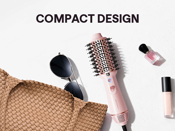 Hair styling tools including a jet brush, round brush, and nail polish on a white background with text 'COMPACT DESIGN'.