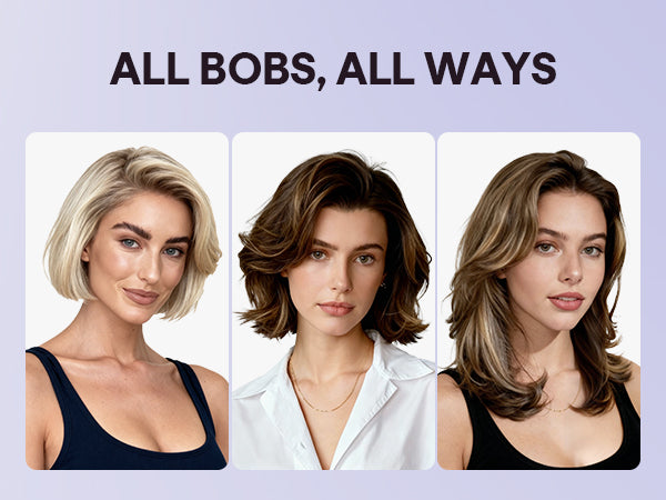 Three women with different hairstyles on a light purple background with text 'ALL BOBS, ALL WAYS'.