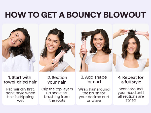 Step-by-step guide on how to get a bouncy blowout with images of a woman styling her hair.