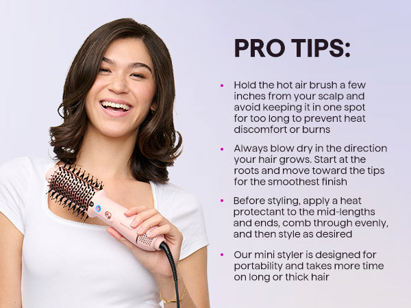 Woman using a jet brush with text on a light purple background
