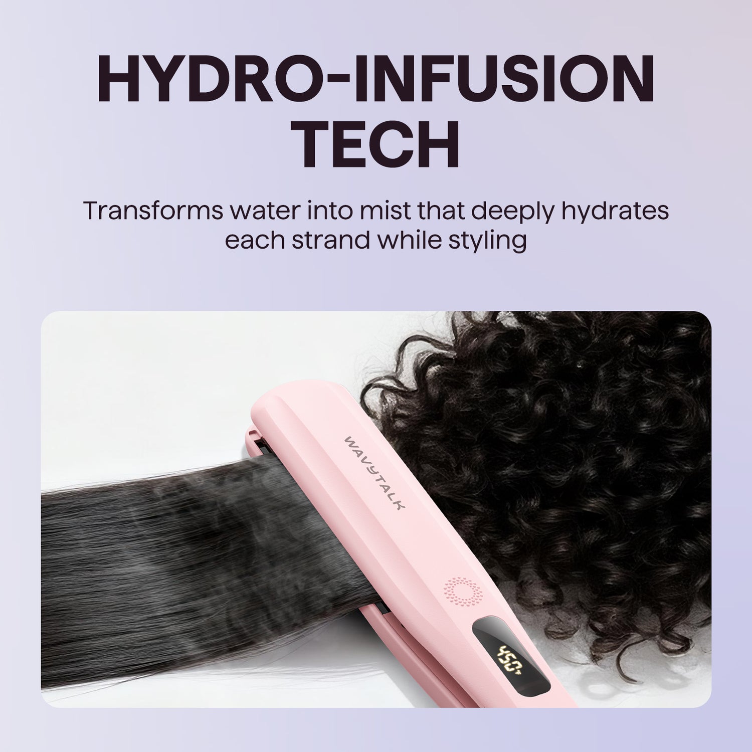 Pink hair straightener with curly hair and text about hydro-infusion technology on a light purple background