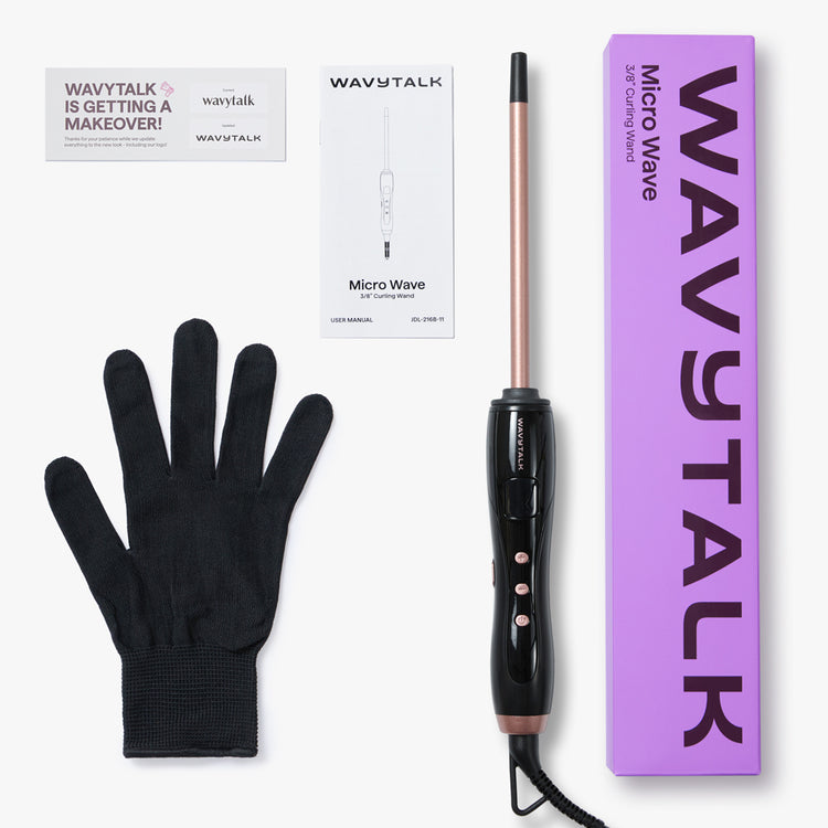 Rose gold  WavyTalk Micro Wave with black glove and packaging on a white background