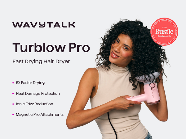 Woman using a Wavytalk Turblow Pro hair dryer with product features listed on a white background.