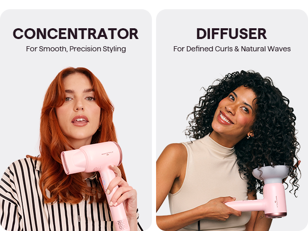 Two women using pink hair styling tools labeled 'Concentrator' and 'Diffuser' on a white background.
