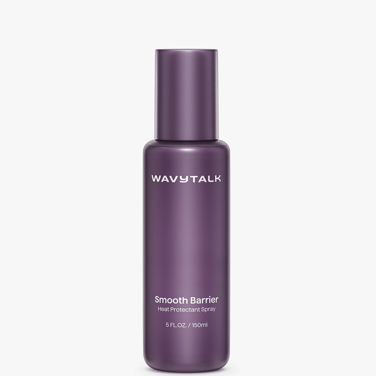 Purple bottle of WavyTalk Smooth Barrier Heat Protectant Spray on a white background