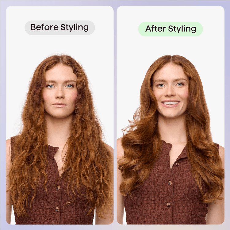 Before and after styling comparison of a woman's hair using Smooth Barrier hair oil to achieve a sleek, frizz-free finish.