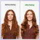 Before and after styling comparison of a woman's hair using Smooth Barrier hair oil to achieve a sleek, frizz-free finish.