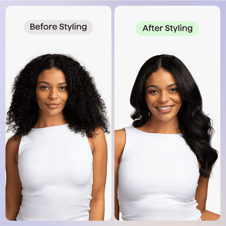 Before and after styling comparison of a woman's hair using Smooth Barrier hair oil to achieve a sleek, frizz-free finish.