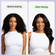 Before and after styling comparison of a woman's hair using Smooth Barrier hair oil to achieve a sleek, frizz-free finish.