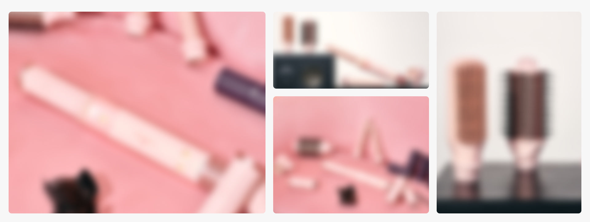 A collage of four blurry photos showing cosmetic products on a pink surface, including a tube, small containers, and brushes.