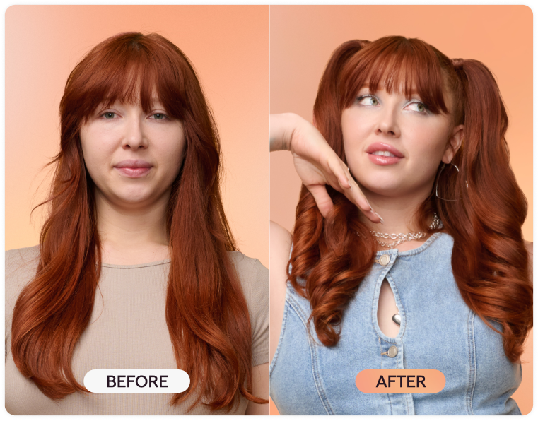 Before and after comparison of a woman with red hair styled differently on a peach background.