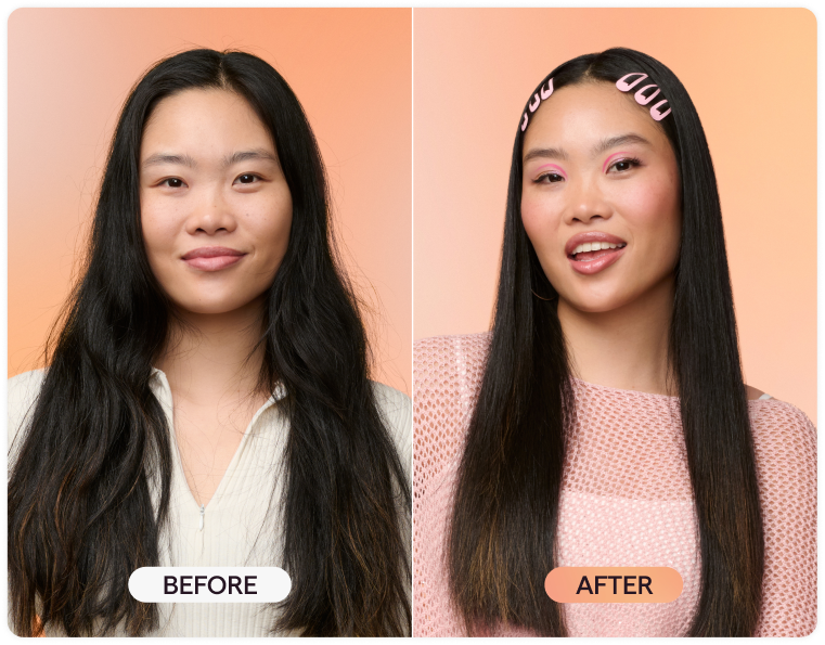 Before and after comparison of a woman with long hair against a peach background