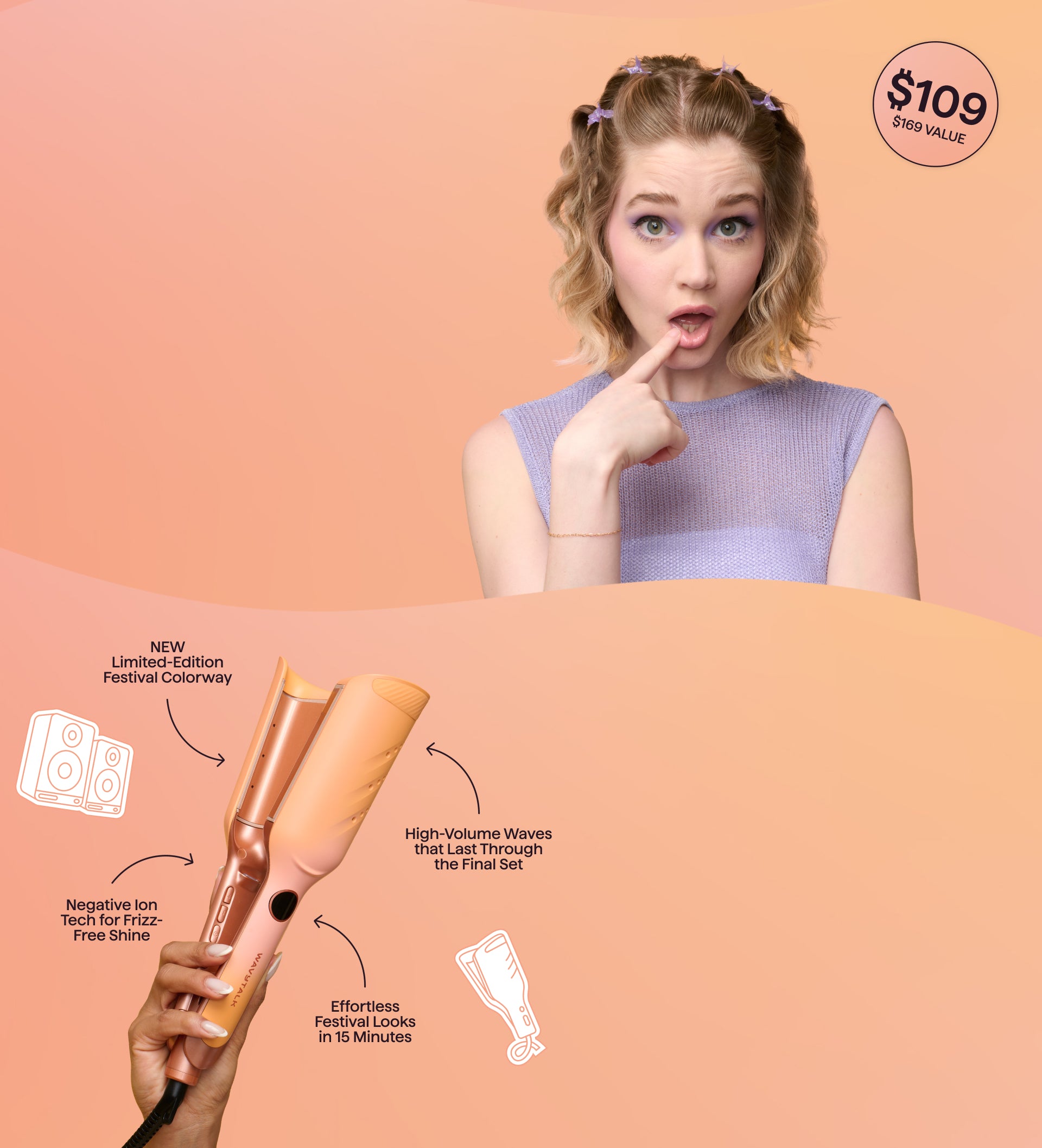 Woman with styled hair and a hair product on a peach background