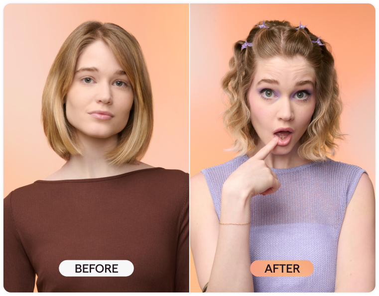 Before and after comparison of a woman with different hairstyles and outfits.