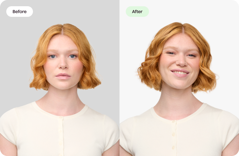 Before and after comparison of a woman with styled hair on a plain background
