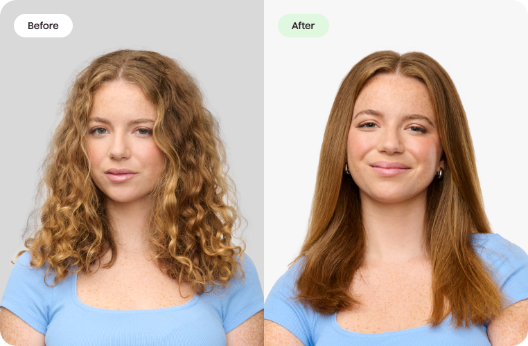 Before and after comparison of a woman with curly hair styled straight.