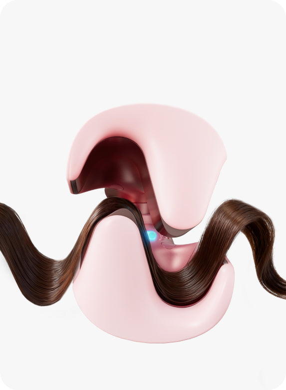 Pink hair curler with brown hair strands on a white background