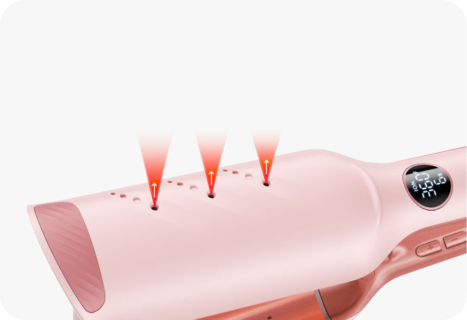 Pink hair dryer with red arrows indicating airflow on a white background