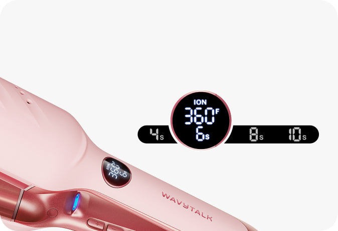 Pink hair dryer with digital display and 'Wavystalk' branding on a white background
