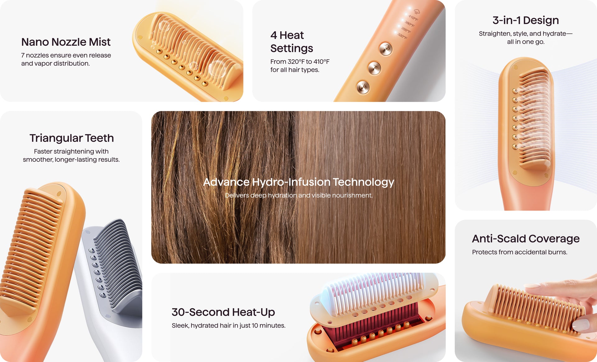 Steamline Pro hair straightener features - nano nozzle, heat settings, triangular teeth...