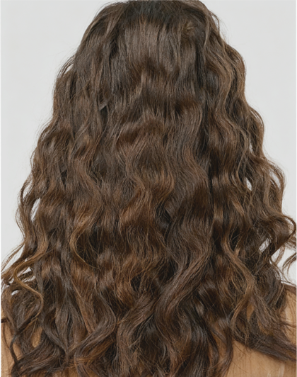 Brown hair extension with wavy texture on a plain background