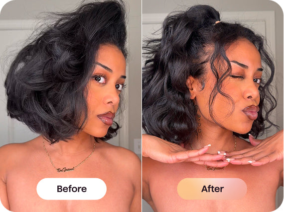 Before and after comparison of a woman with styled hair.