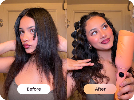 Before and after comparison of a woman using a hair straightener.