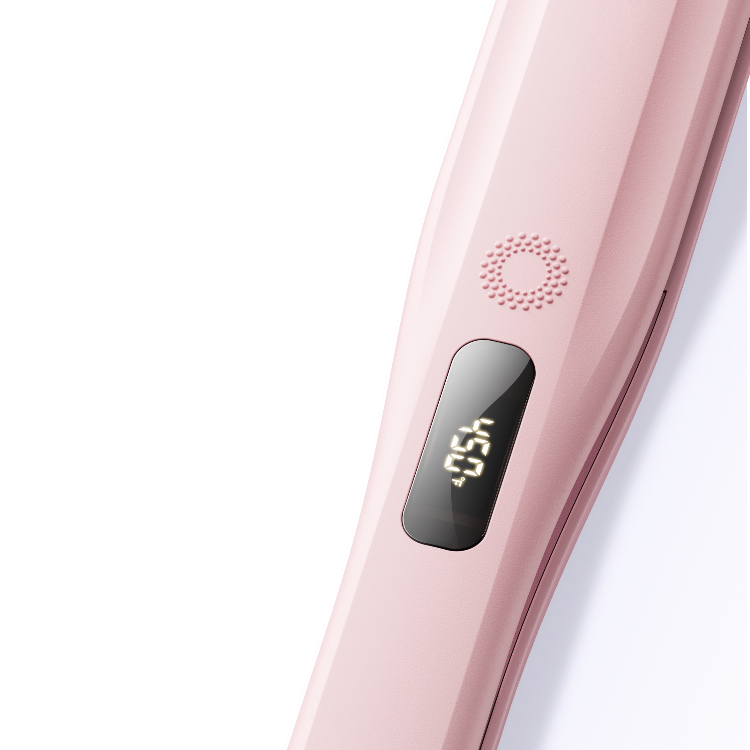 Pink hair straightener with digital display on a white background