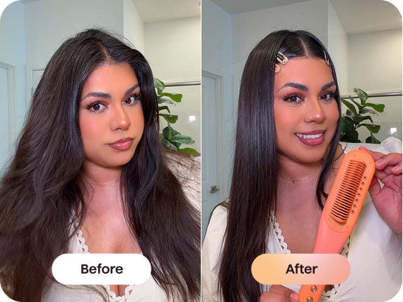 Before and after comparison of a woman with styled hair using a comb.