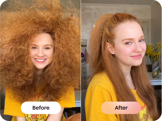 Before and after comparison of a person with curly hair styled into a ponytail.