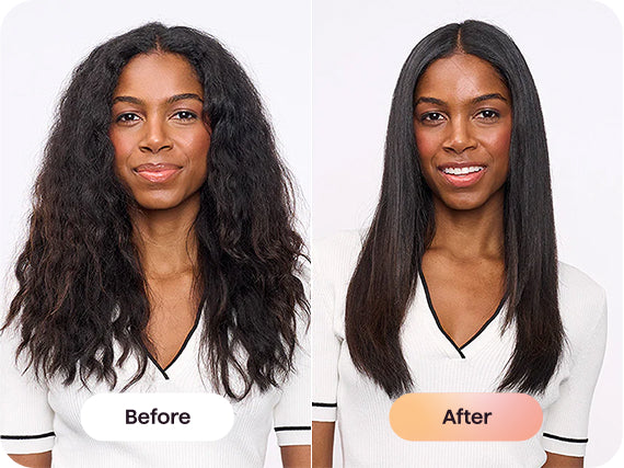 Before and after comparison of a woman with long, wavy hair styled straight.