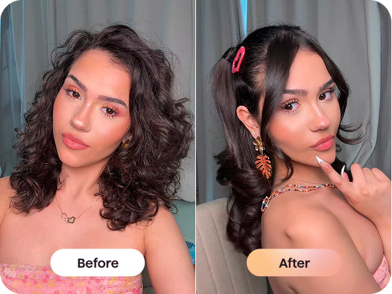 Before and after comparison of a woman with styled hair.