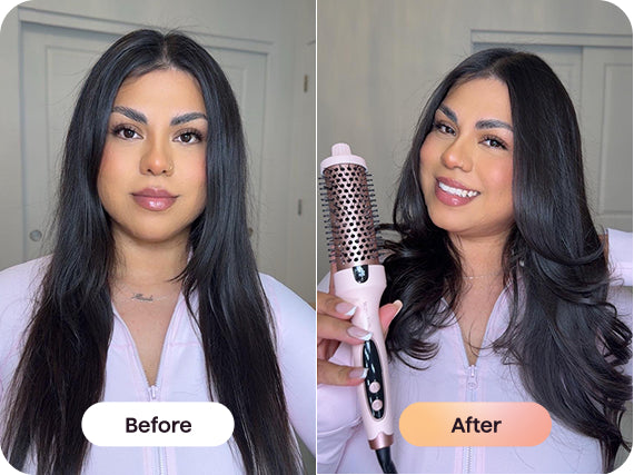Before and after comparison of a woman with long hair using a hair styling tool.