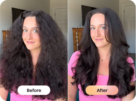 Before and after comparison of a person with long hair, showing a significant difference in hair length.